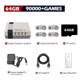 Super Console X Cube Retro Game Console Support 117000 Video Games 70 Emulators for PSP/PS1/DC/N64/MAME with Gamepads (Color: 64G wired-4, Bundle: US PLUG)